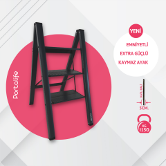Portalife 3 Basamak Şık Çelik Takviyeli Alüminyum Ev Tipi Merdiven - Antrasit