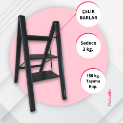 Portalife 3 Basamak Şık Çelik Takviyeli Alüminyum Ev Tipi Merdiven - Antrasit