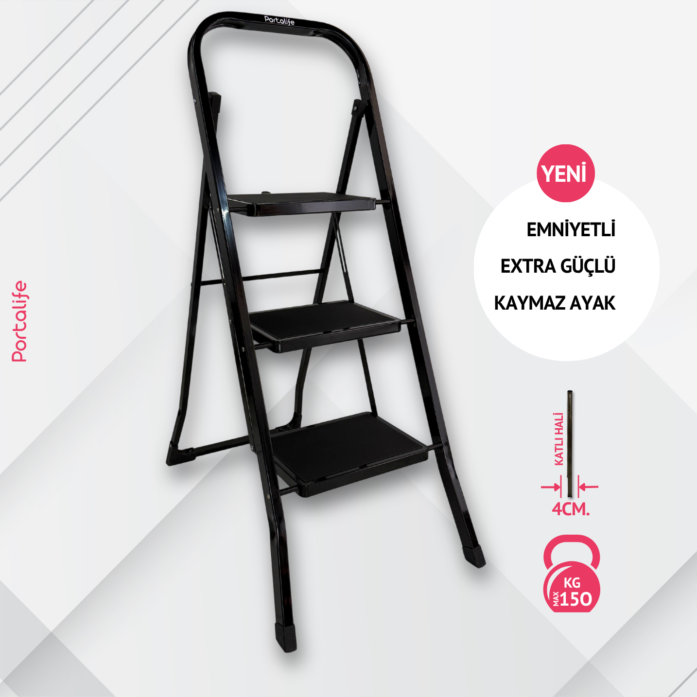 3 Basamaklı Siyah Çelik Merdiven - Ekstra Güçlü Gövde - Kalın Profil