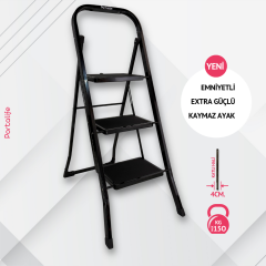 3 Basamaklı Siyah Çelik Merdiven - Ekstra Güçlü Gövde - Kalın Profil