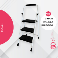 Portalife 3 Basamaklı Uzun Tutacaklı Şık Çelik Merdiven - Beyaz