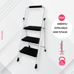 Portalife 3 Basamaklı Ekstra Uzun Tutacaklı Beyaz Merdiven - Güçlü Gövde - Kalın Profil
