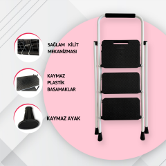 Portalife 3 Basamaklı Uzun Tutacaklı Şık Çelik Merdiven - Beyaz