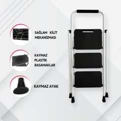 Portalife 3 Basamaklı Ekstra Uzun Tutacaklı Beyaz Merdiven - Güçlü Gövde - Kalın Profil