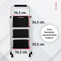Portalife 3 Basamaklı Ekstra Uzun Tutacaklı Beyaz Merdiven - Güçlü Gövde - Kalın Profil
