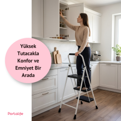 Portalife 3 Basamaklı Uzun Tutacaklı Şık Çelik Merdiven - Beyaz