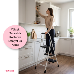 Portalife 4 Basamaklı Uzun Tutacaklı Çelik Şık Merdiven - Beyaz