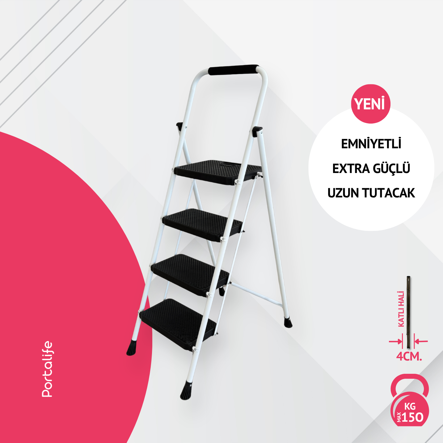 Portalife 4 Basamaklı Uzun Tutacaklı Çelik Şık Merdiven - Beyaz
