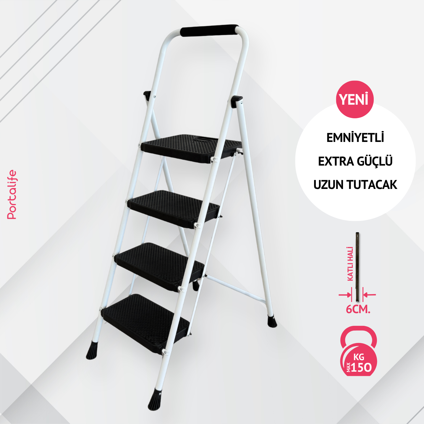 Portalife 4 Basamaklı Ekstra Uzun Tutacaklı Beyaz Merdiven - Güçlü Gövde - Kalın Profil