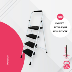Portalife 4 Basamaklı Uzun Tutacaklı Çelik Şık Merdiven - Beyaz