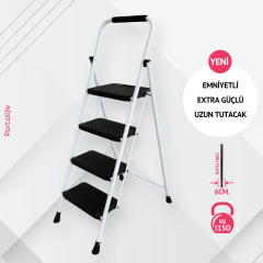 Portalife 4 Basamaklı Ekstra Uzun Tutacaklı Beyaz Merdiven - Güçlü Gövde - Kalın Profil