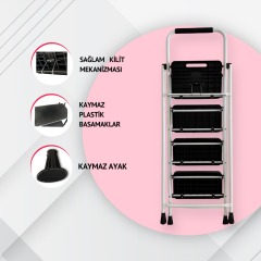 Portalife 4 Basamaklı Uzun Tutacaklı Çelik Şık Merdiven - Beyaz