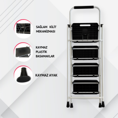 Portalife 4 Basamaklı Ekstra Uzun Tutacaklı Beyaz Merdiven - Güçlü Gövde - Kalın Profil