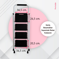Portalife 4 Basamaklı Uzun Tutacaklı Çelik Şık Merdiven - Beyaz
