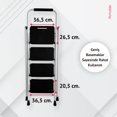 Portalife 4 Basamaklı Ekstra Uzun Tutacaklı Beyaz Merdiven - Güçlü Gövde - Kalın Profil