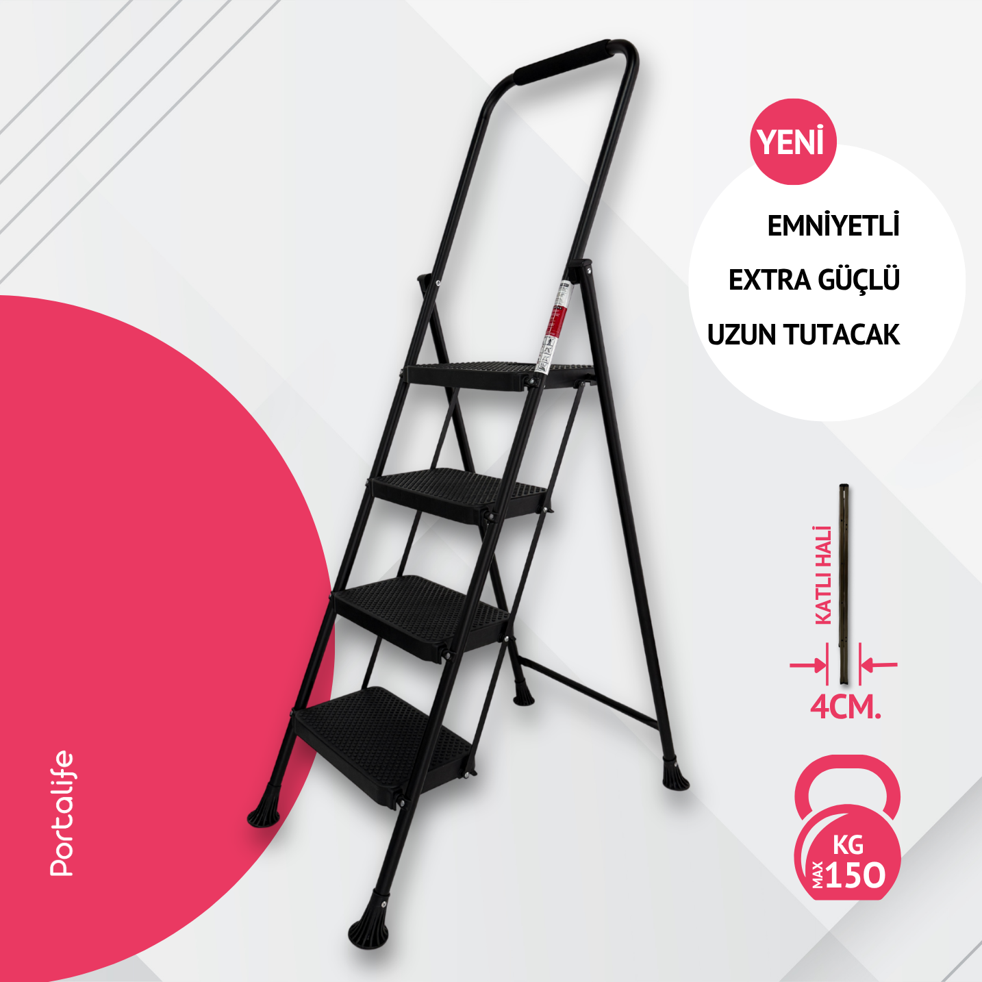 Portalife 4 Basamaklı Konfor Tutacaklı Çelik Şık Merdiven - Siyah