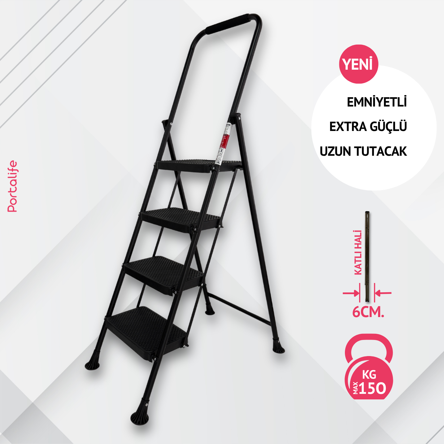 Portalife 4 Basamaklı Uzun Konfor Tutacaklı Siyah Merdiven - Güçlü Gövde - Kalın Profil
