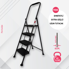 Portalife 4 Basamaklı Uzun Konfor Tutacaklı Siyah Merdiven - Güçlü Gövde - Kalın Profil
