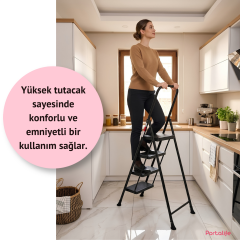 Portalife 4 Basamaklı Uzun Konfor Tutacaklı Siyah Merdiven - Güçlü Gövde - Kalın Profil