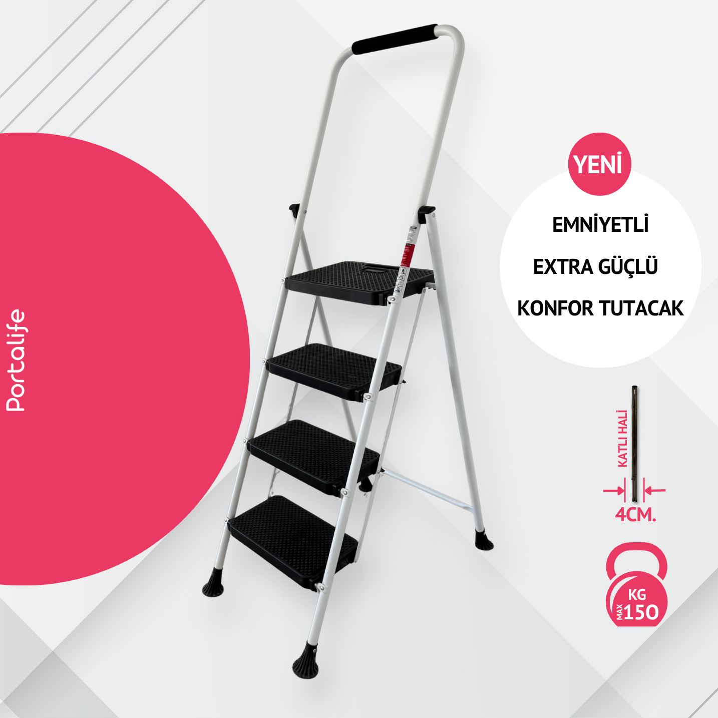 Portalife 4 Basamaklı Uzun Konfor Tutacaklı Beyaz Merdiven - Güçlü Gövde - Kalın Profil