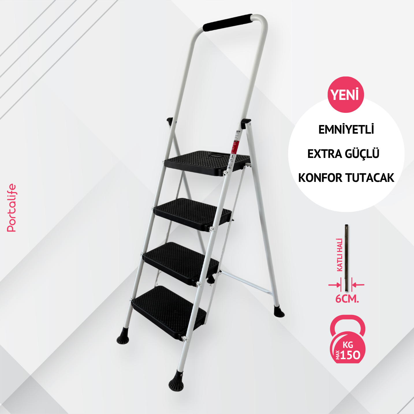 Portalife 4 Basamaklı Uzun Konfor Tutacaklı Beyaz Merdiven - Güçlü Gövde - Kalın Profil