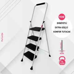 Portalife 4 Basamaklı Uzun Konfor Tutacaklı Beyaz Merdiven - Güçlü Gövde - Kalın Profil