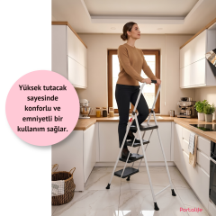 Portalife 4 Basamaklı Uzun Konfor Tutacaklı Beyaz Merdiven - Güçlü Gövde - Kalın Profil