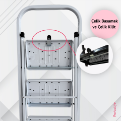 3 Basamaklı Beyaz Çelik Merdiven - Ekstra Güçlü Gövde - Kalın Profil