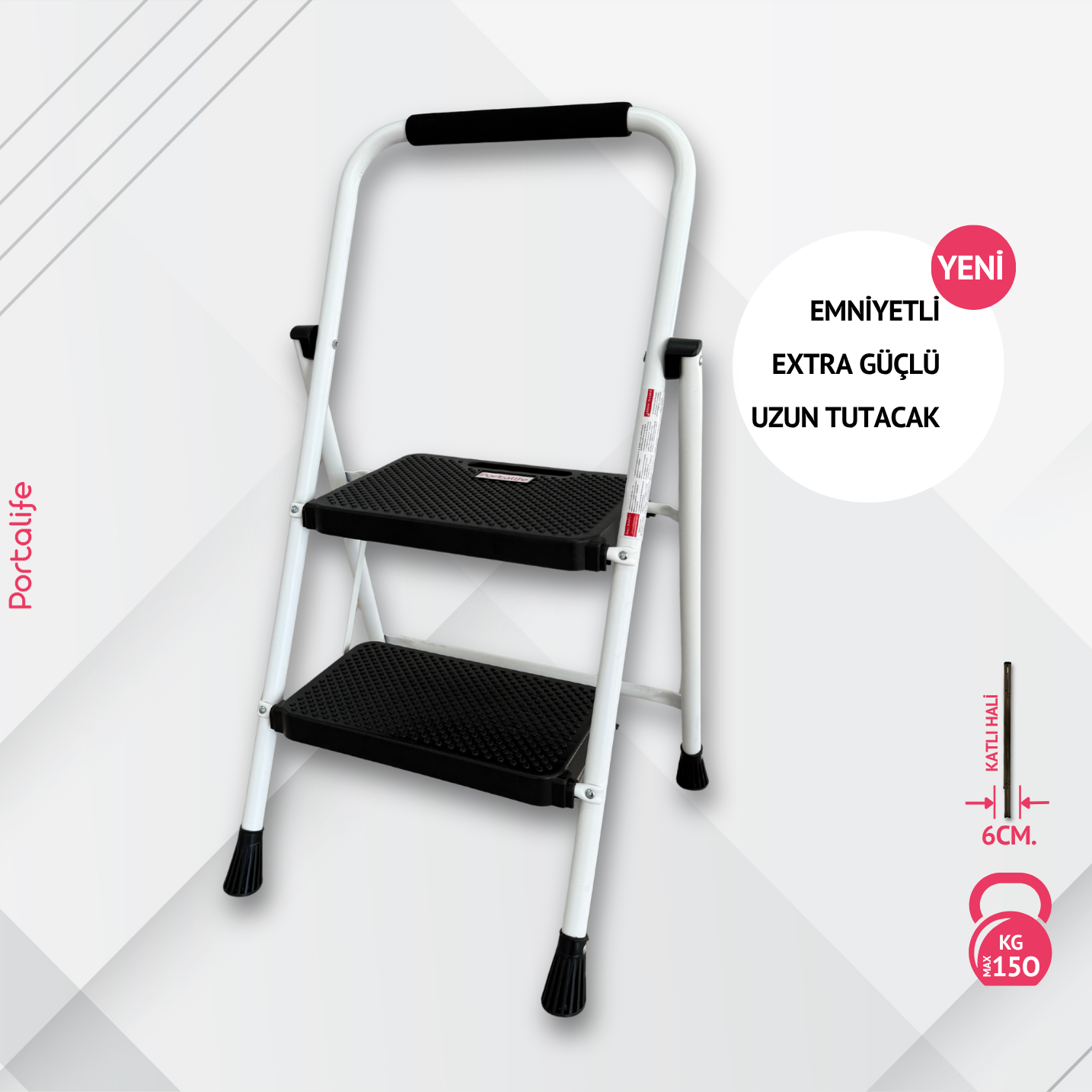 Portalife 2 Basamaklı Ekstra Uzun Tutacaklı Beyaz Merdiven - Güçlü Gövde - Kalın Profil