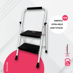 Portalife 2 Basamaklı Uzun Tutacaklı Şık Beyaz Çelik Merdiven - Katlanır