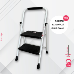 Portalife 2 Basamaklı Ekstra Uzun Tutacaklı Beyaz Merdiven - Güçlü Gövde - Kalın Profil
