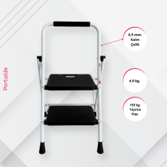 Portalife 2 Basamaklı Ekstra Uzun Tutacaklı Beyaz Merdiven - Güçlü Gövde - Kalın Profil