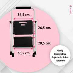 Portalife 2 Basamaklı Uzun Tutacaklı Şık Beyaz Çelik Merdiven - Katlanır