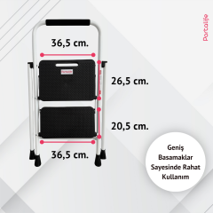 Portalife 2 Basamaklı Ekstra Uzun Tutacaklı Beyaz Merdiven - Güçlü Gövde - Kalın Profil