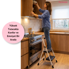 Portalife 2 Basamaklı Ekstra Uzun Tutacaklı Beyaz Merdiven - Güçlü Gövde - Kalın Profil