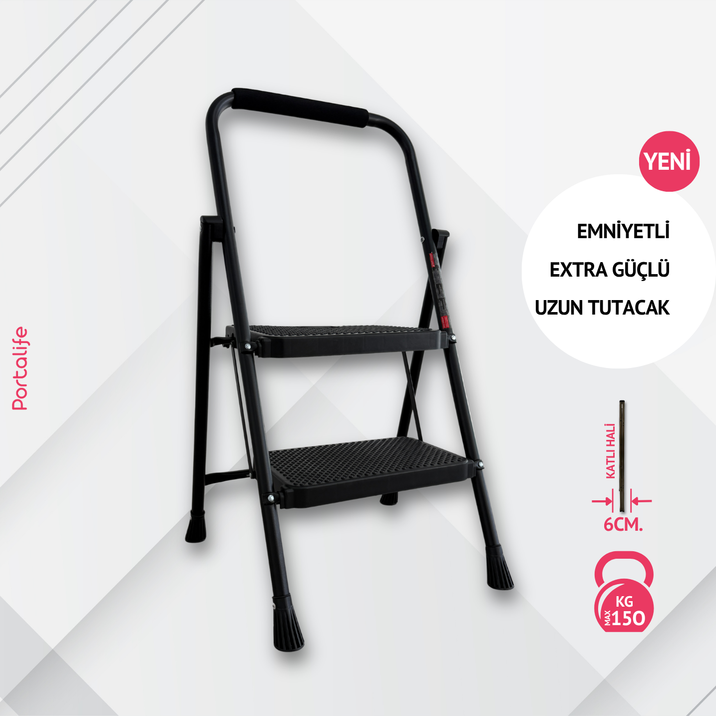 Portalife 2 Basamaklı Ekstra Uzun Tutacaklı Siyah Merdiven - Güçlü Gövde - Kalın Profil