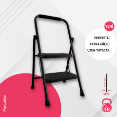 Portalife 2 Basamaklı Uzun Tutacaklı Şık Siyah Çelik Merdiven
