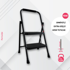 Portalife 2 Basamaklı Ekstra Uzun Tutacaklı Siyah Merdiven - Güçlü Gövde - Kalın Profil