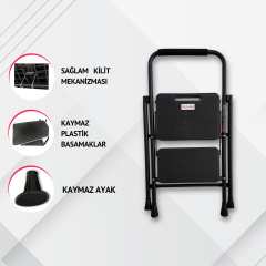 Portalife 2 Basamaklı Ekstra Uzun Tutacaklı Siyah Merdiven - Güçlü Gövde - Kalın Profil
