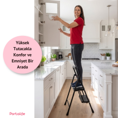 Portalife 2 Basamaklı Ekstra Uzun Tutacaklı Siyah Merdiven - Güçlü Gövde - Kalın Profil