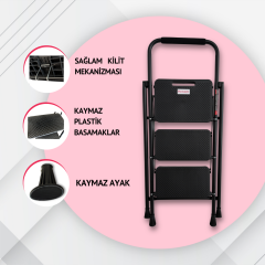Portalife 3 Basamaklı Uzun Tutacaklı Şık Siyah Çelik Merdiven