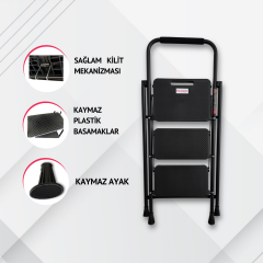 Portalife 3 Basamaklı Ekstra Uzun Tutacaklı Siyah Merdiven - Güçlü Gövde - Kalın Profil