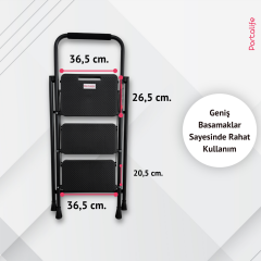 Portalife 3 Basamaklı Ekstra Uzun Tutacaklı Siyah Merdiven - Güçlü Gövde - Kalın Profil