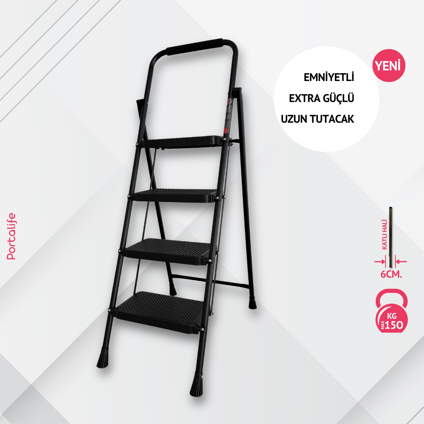 Portalife 4 Basamaklı Ekstra Uzun Tutacaklı Siyah Merdiven - Güçlü Gövde - Kalın Profil