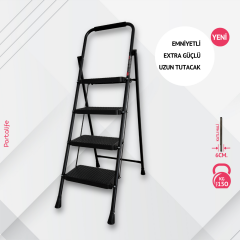 Portalife 4 Basamaklı Ekstra Uzun Tutacaklı Siyah Merdiven - Güçlü Gövde - Kalın Profil