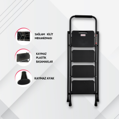 Portalife 4 Basamaklı Ekstra Uzun Tutacaklı Siyah Merdiven - Güçlü Gövde - Kalın Profil
