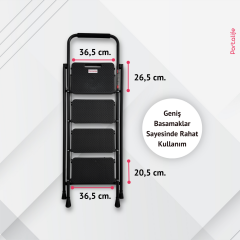 Portalife 4 Basamaklı Ekstra Uzun Tutacaklı Siyah Merdiven - Güçlü Gövde - Kalın Profil