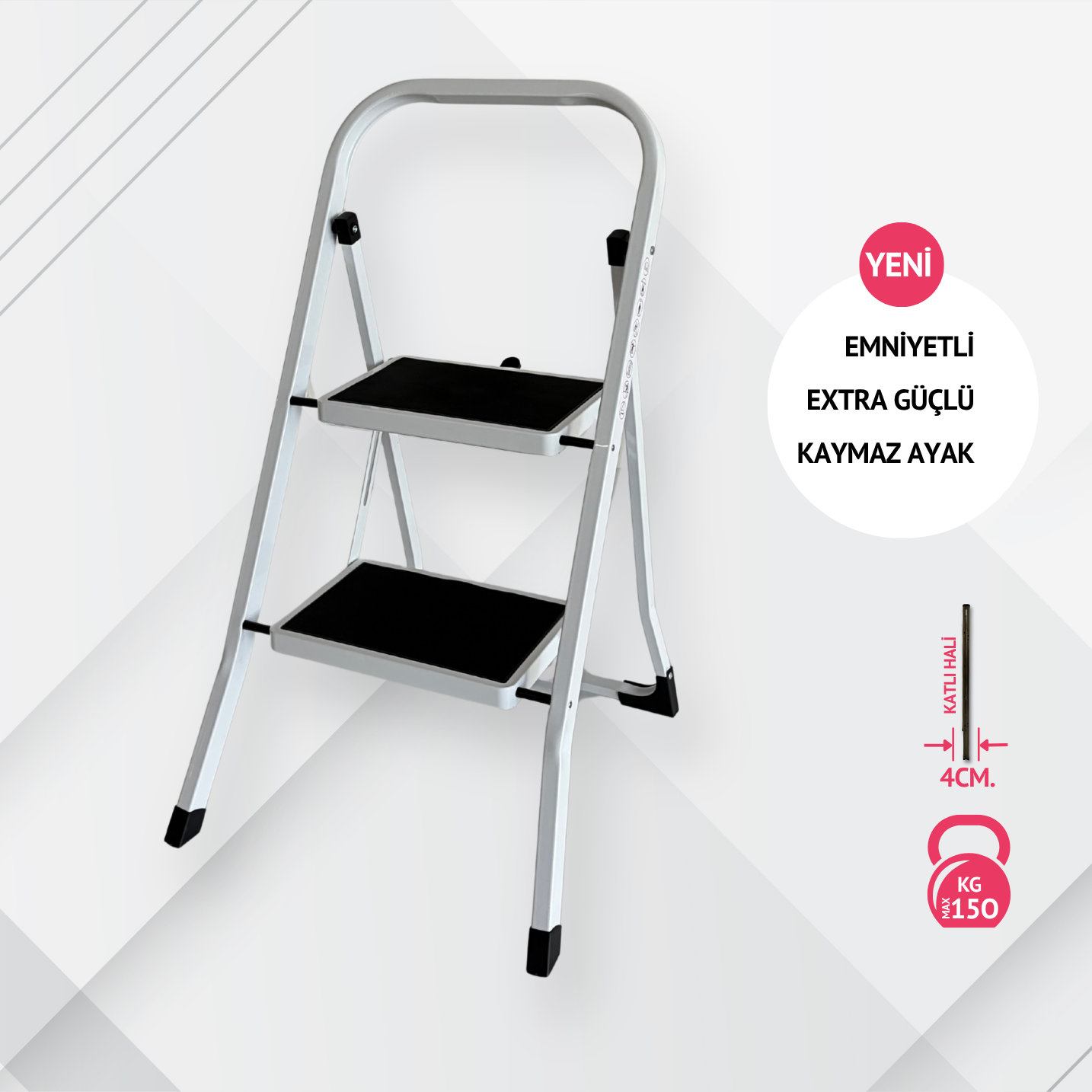 Portalife 2 Basamaklı Beyaz Çelik Merdiven – Ekstra Güvenli & Ultra İnce Katlanabilir Tasarım