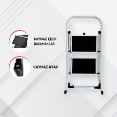 Portalife 2 Basamaklı Beyaz Çelik Merdiven – Ekstra Güvenli & Ultra İnce Katlanabilir Tasarım