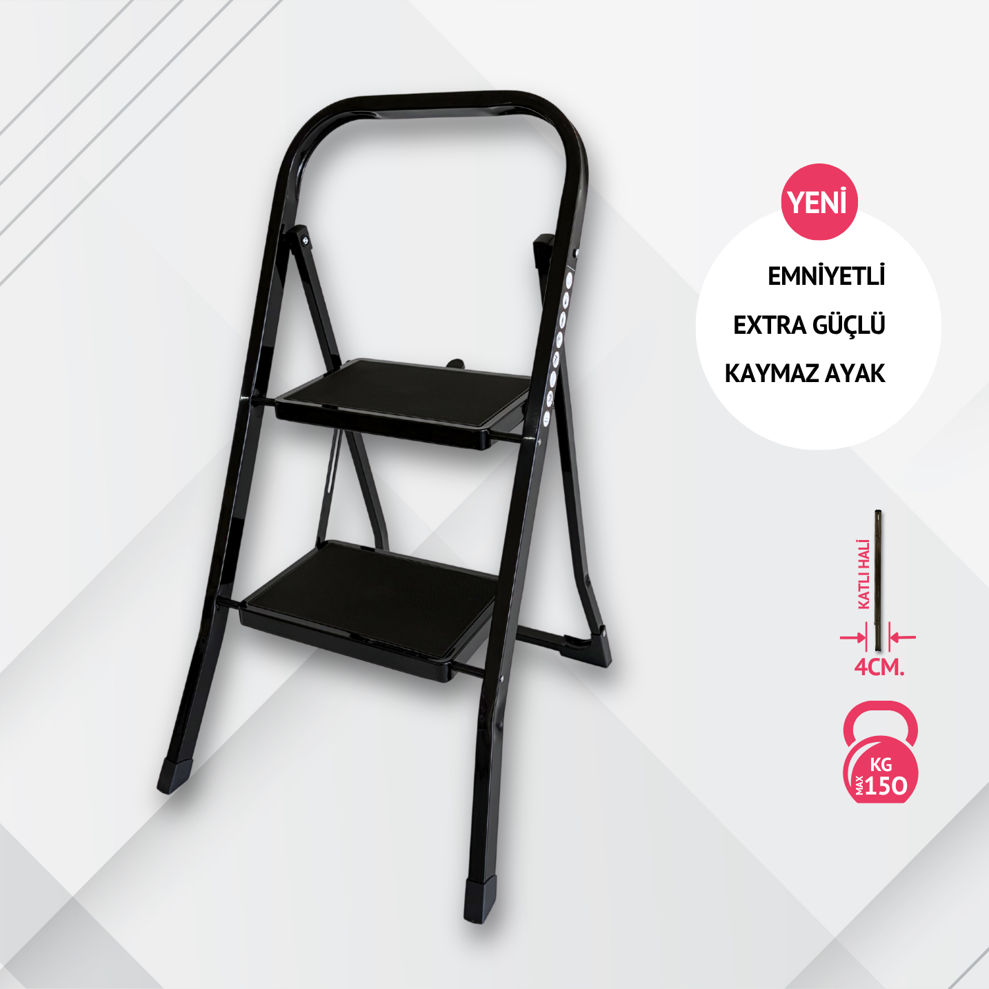 Portalife 2 Basamaklı Siyah Çelik Merdiven – Ekstra Güvenli & Ultra İnce Katlanabilir Tasarım